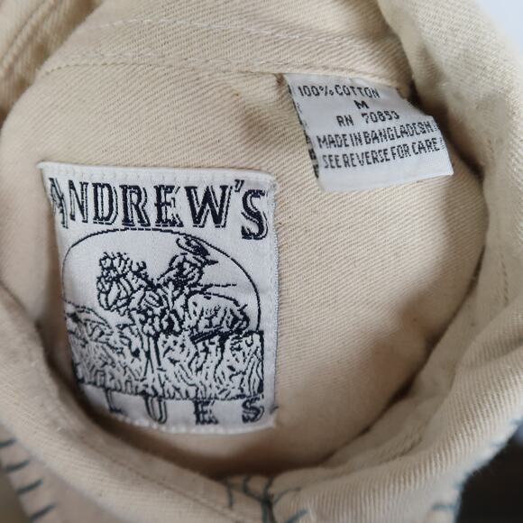 Vintage 90s Andrew's Blues Cream Button Down Shirt Floral Embroidery M - Picture 5 of 5